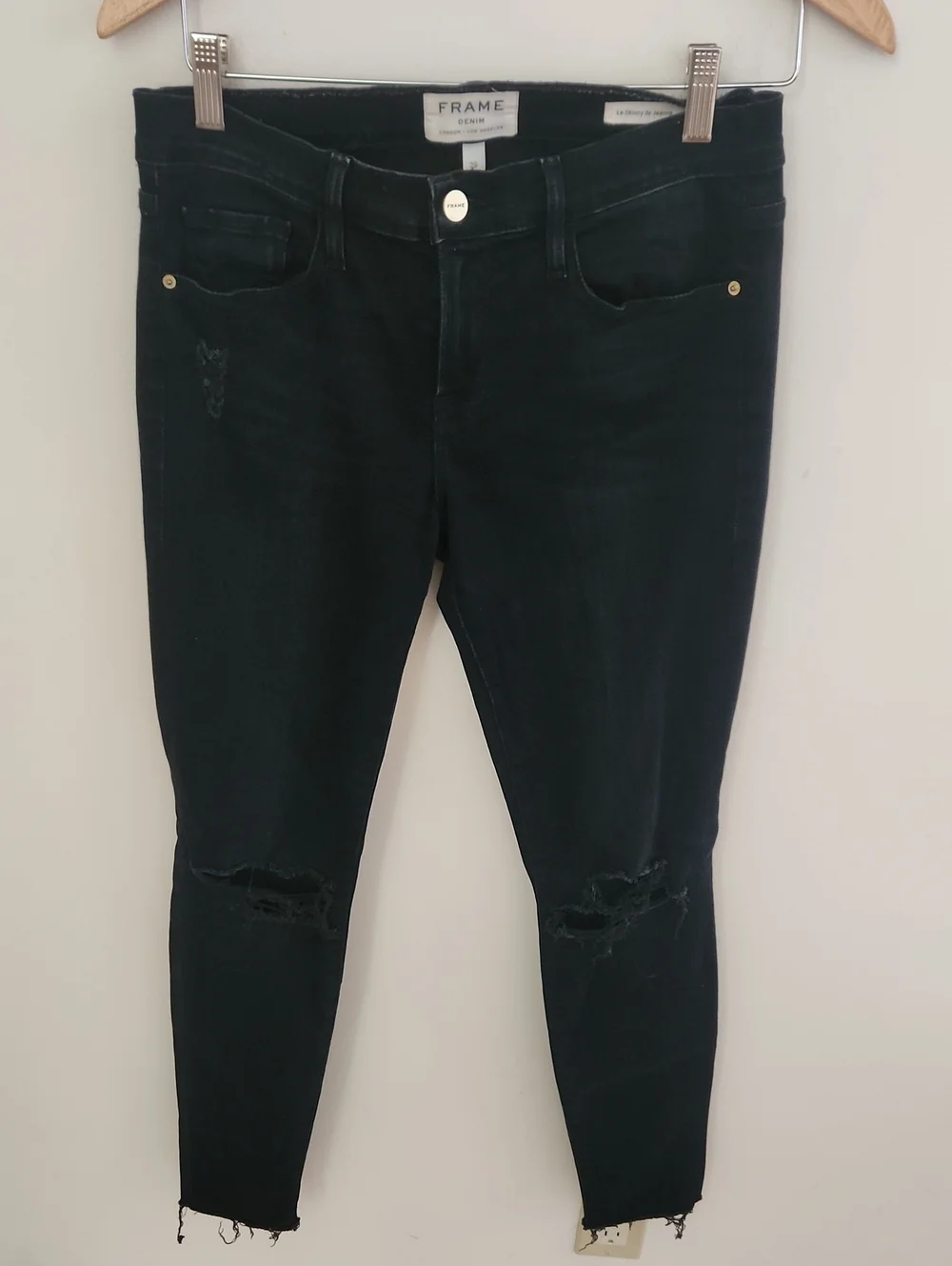 Frame Denim Black Le Skinny De Jeane Jeans Distressed Knees 29